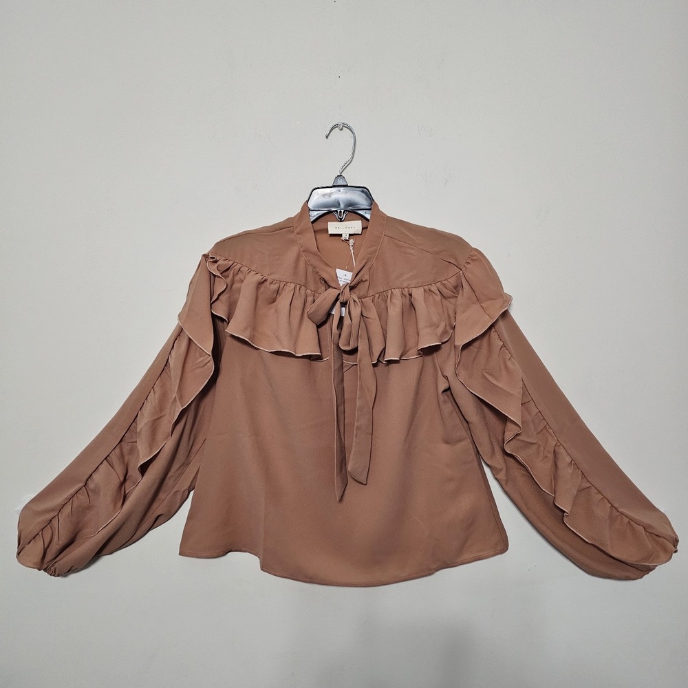 Women's Top Blouse Small Brown Neck Tie Ruffles Long Sleeves New 1115
